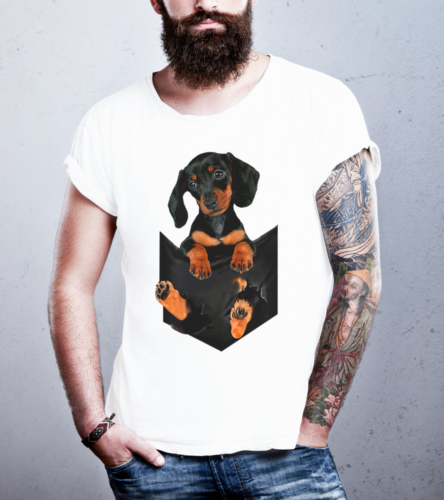 Doxie Dachshund Puppy Dog In Pocket T-Shirt