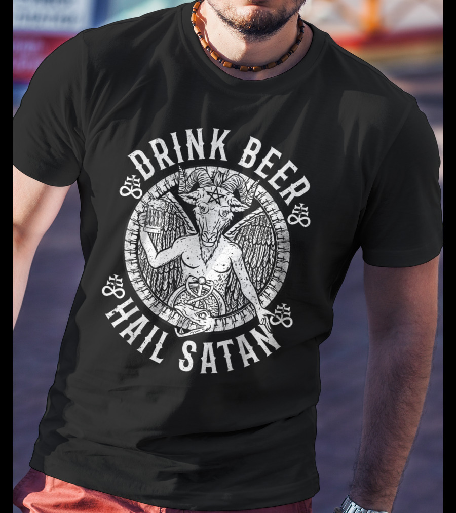 Drink Beer Hail Satan Baphomet Goat Pentagram T-Shirt