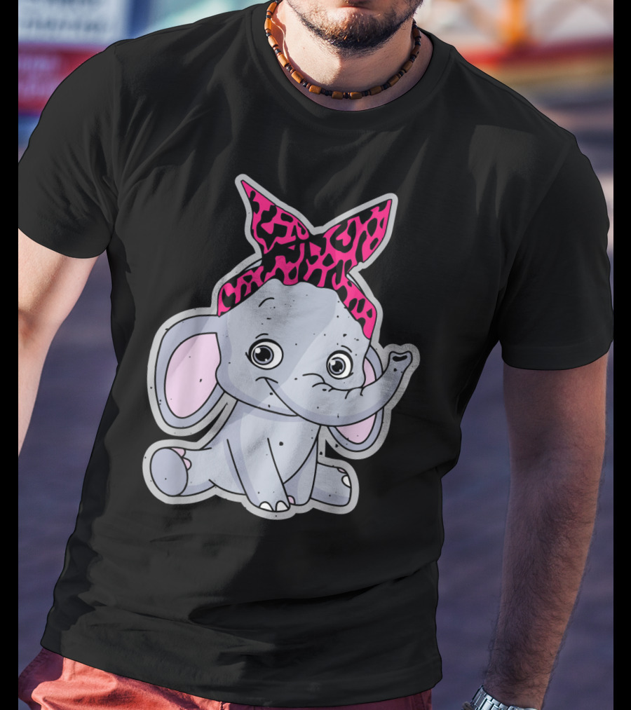 Elephants Cute Cartoon With Pink Leopard Bow T-Shirt
