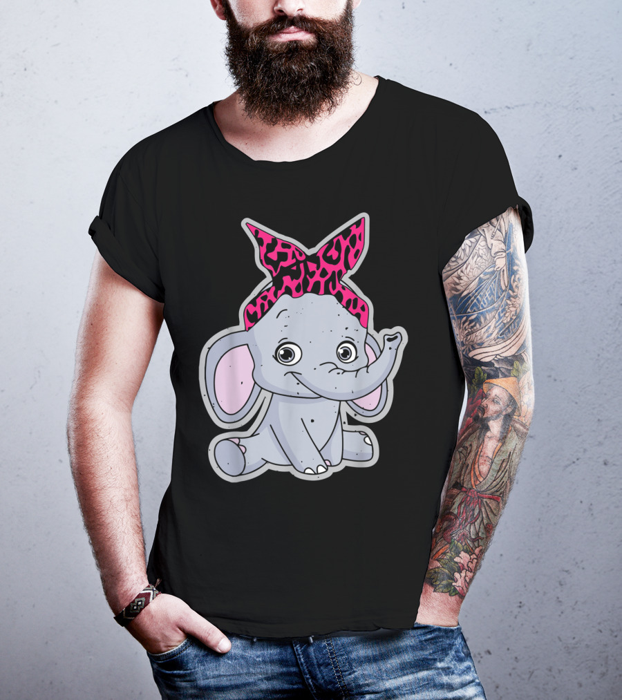 Elephants Cute Cartoon With Pink Leopard Bow T-Shirt