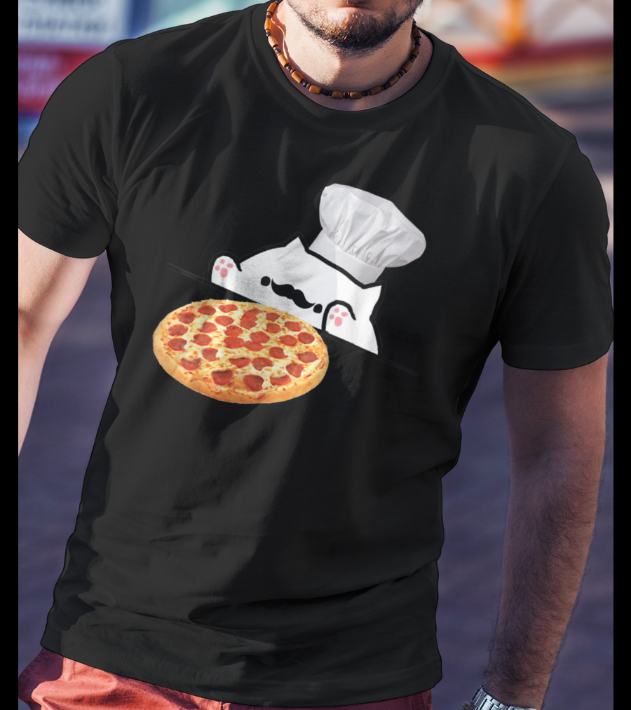 Bongo Cat Pizza Chef With Mustache And Pepperoni Pizza Humor T-Shirt