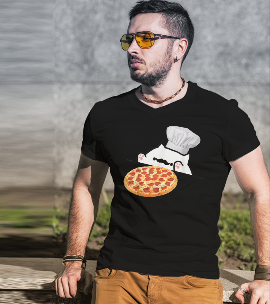 Bongo Cat Pizza Chef With Mustache And Pepperoni Pizza Humor T-Shirt
