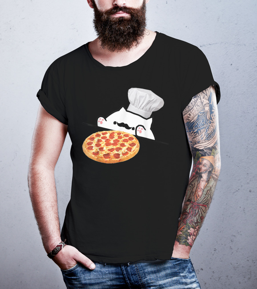 Bongo Cat Pizza Chef With Mustache And Pepperoni Pizza Humor T-Shirt