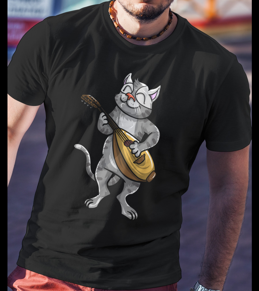 Funny Cool Cat Playing Lute Animal Musician T-Shirt