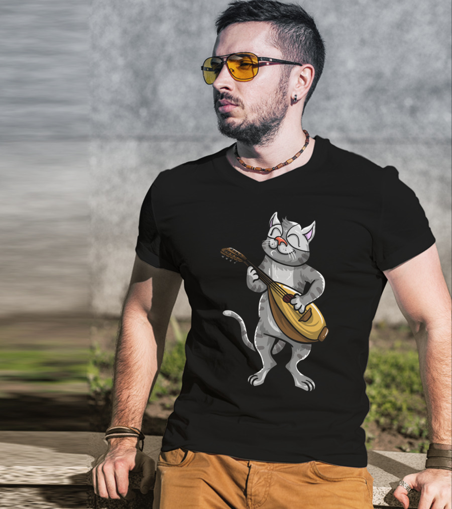 Funny Cool Cat Playing Lute Animal Musician T-Shirt