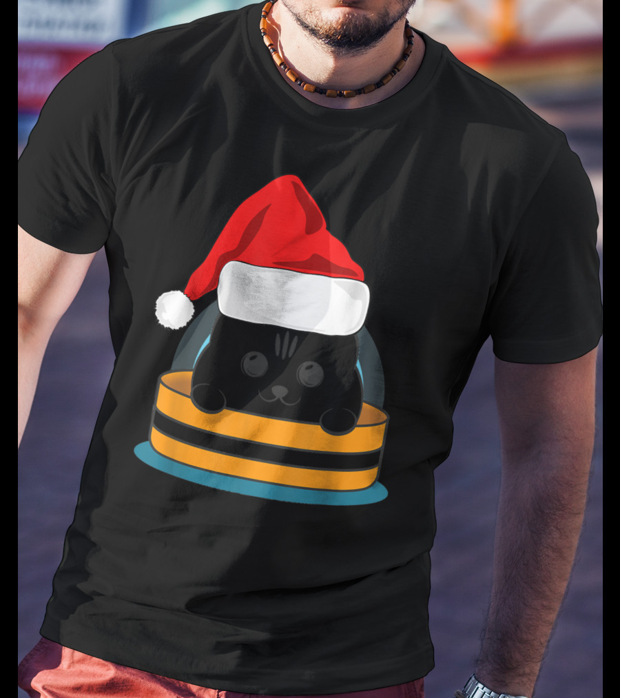 Cute Black Cat In Santa Hat Sitting Inside Orange And Black Barrel T-Shirt