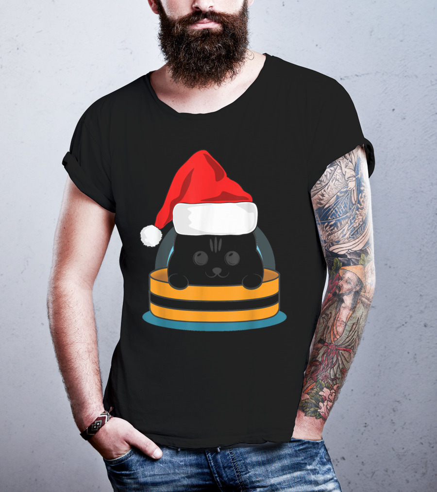 Cute Black Cat In Santa Hat Sitting Inside Orange And Black Barrel T-Shirt