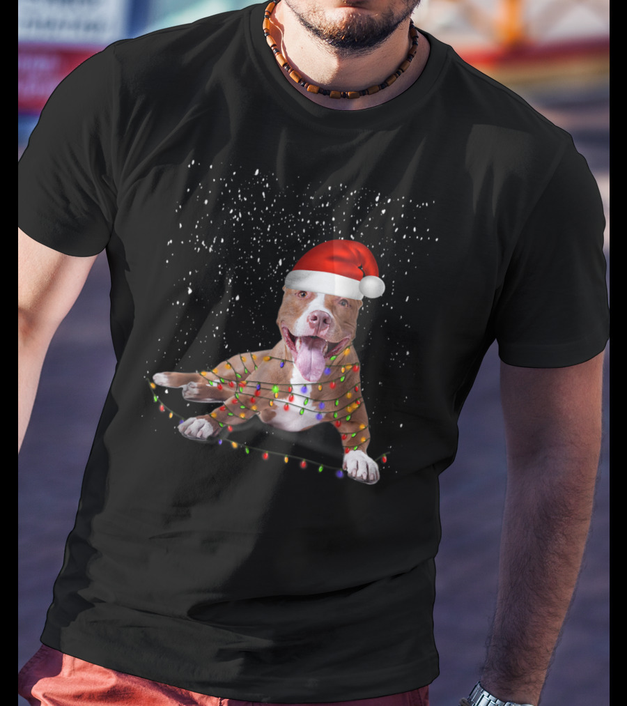 Merry Pitmas Pit Bull Christmas Dog With Santa Hat And Festive Lights T-Shirt