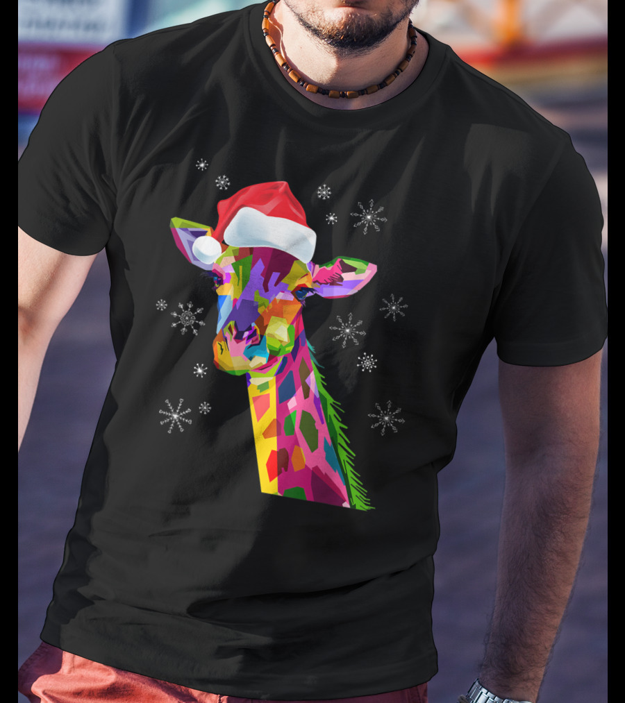 Giraffe Christmas Santa Hat Colorful Snowflakes T-Shirt