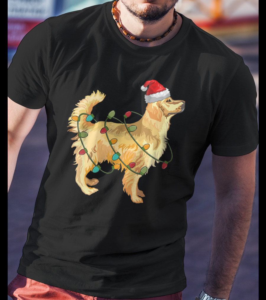 Golden Retriever With Christmas Lights And Santa Hat T-Shirt
