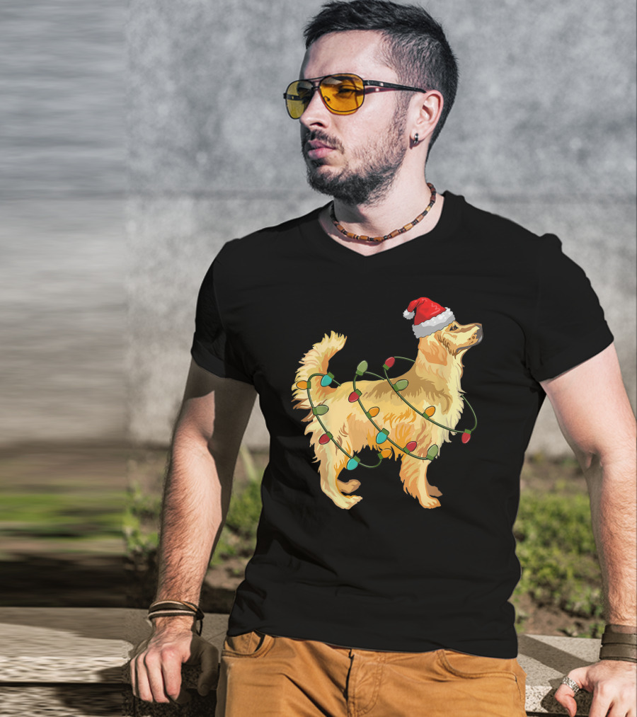 Golden Retriever With Christmas Lights And Santa Hat T-Shirt