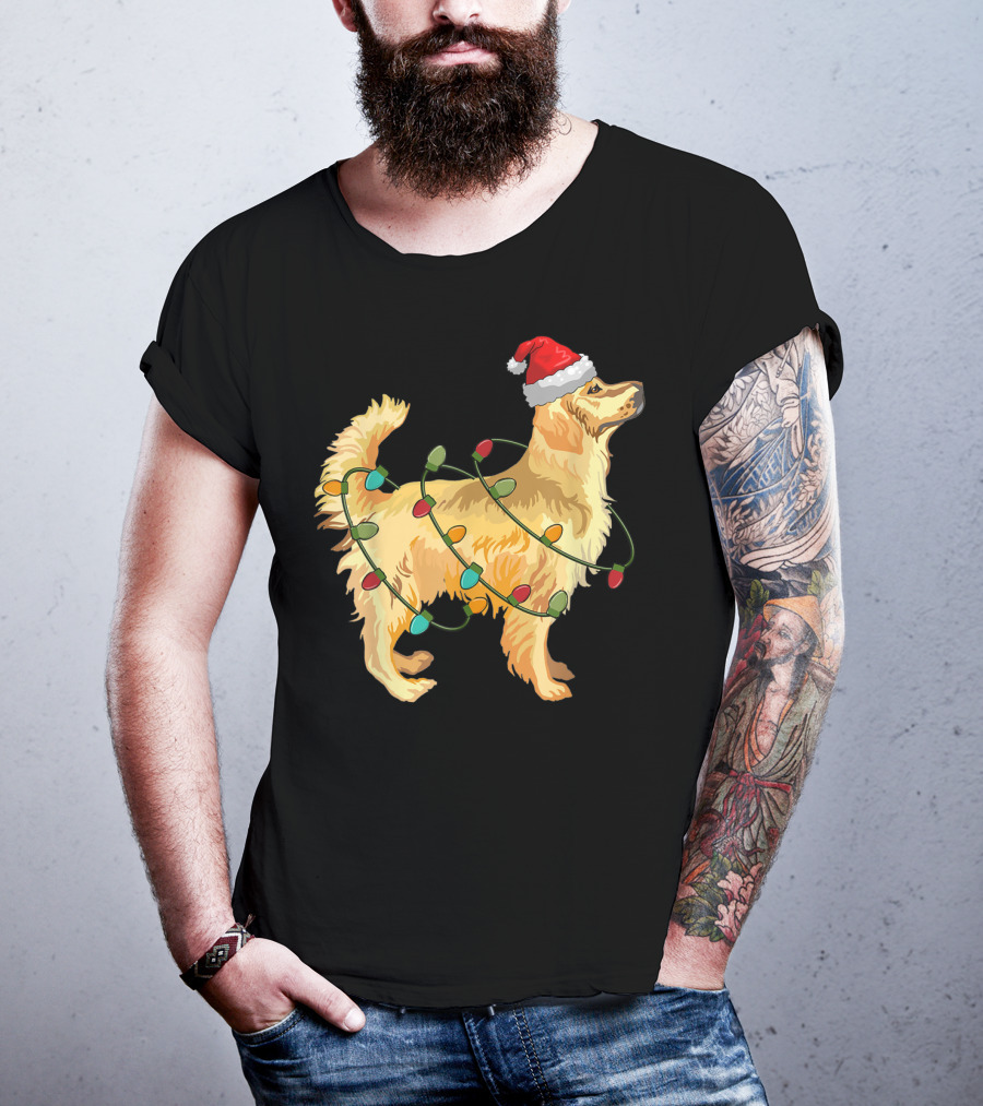 Golden Retriever With Christmas Lights And Santa Hat T-Shirt