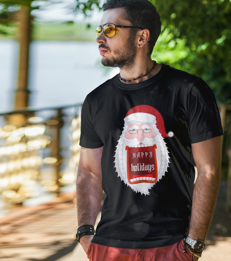Happy Holidays Santa Zip Screaming Mouth With Glasses T-Shirt