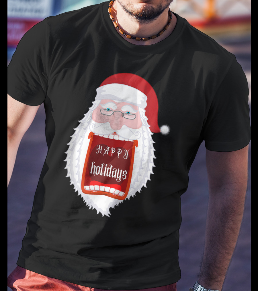 Happy Holidays Santa Zip Screaming Mouth With Glasses T-Shirt