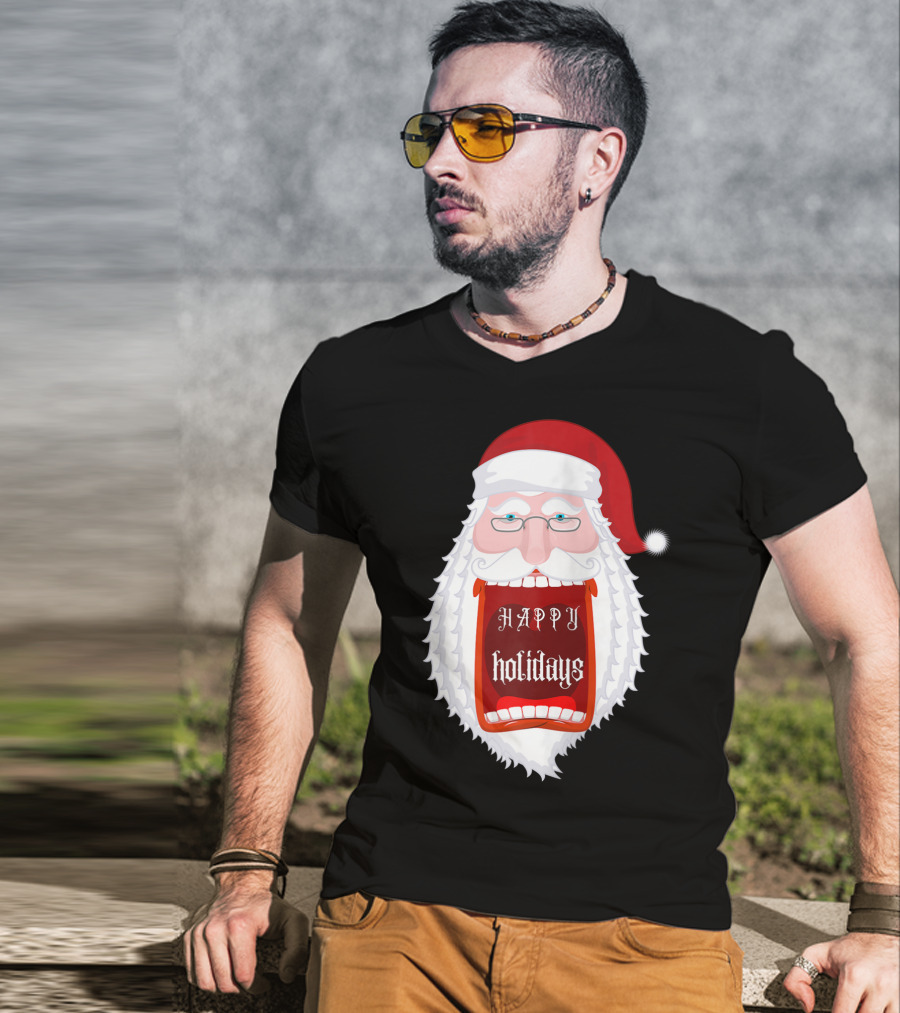 Happy Holidays Santa Zip Screaming Mouth With Glasses T-Shirt