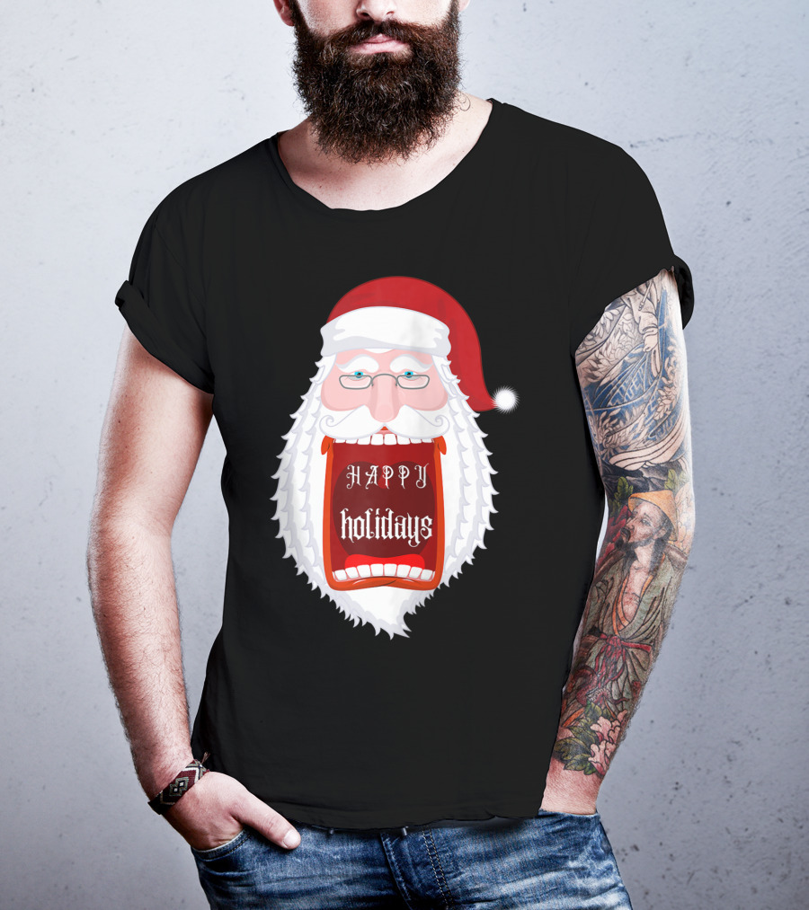 Happy Holidays Santa Zip Screaming Mouth With Glasses T-Shirt