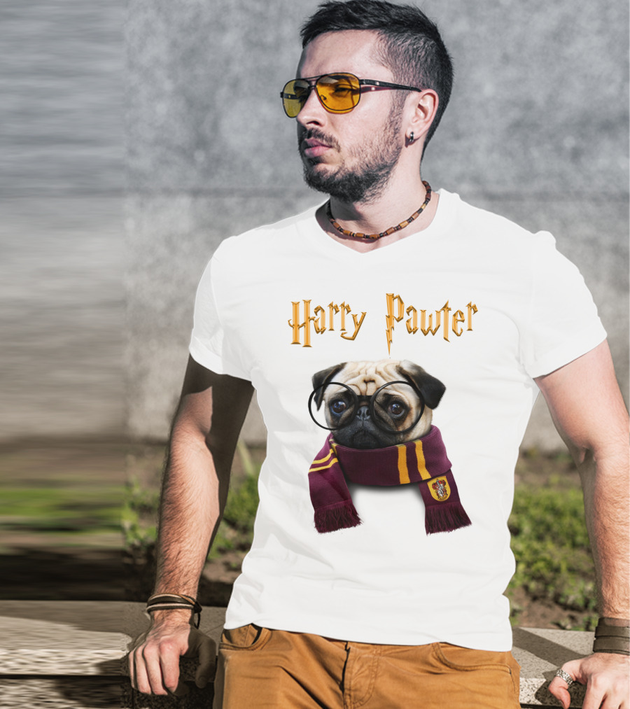 Harry Pawter Cute Puggy Dogs Potte Pups Wizard Pug With Glasses And Scarf T-Shirt