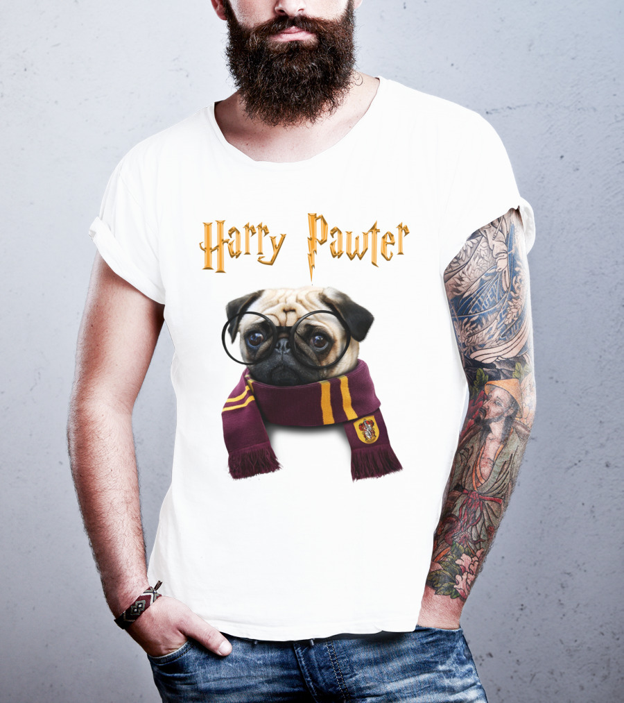 Harry Pawter Cute Puggy Dogs Potte Pups Wizard Pug With Glasses And Scarf T-Shirt