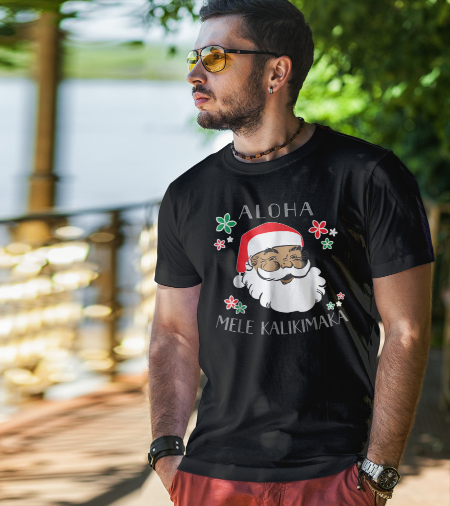 Aloha Mele Kalikimaka Santa With Flowers T-Shirt