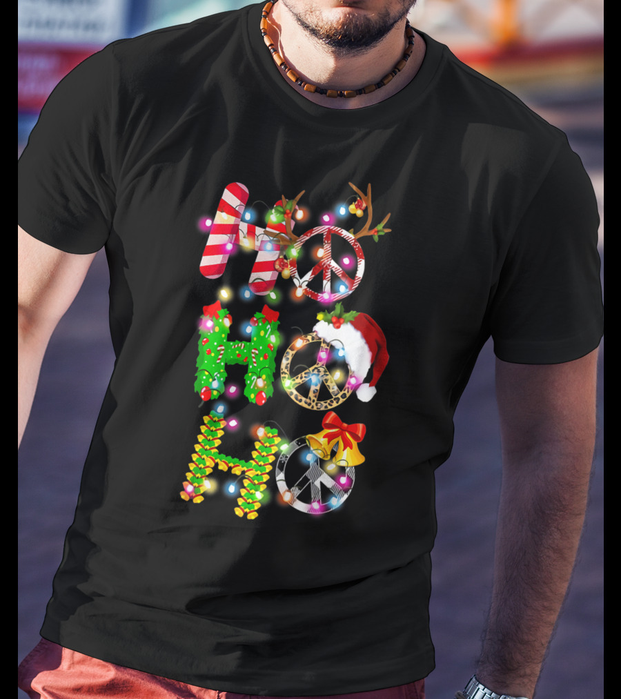 Ho Ho Ho Christmas Light Peace Sign Reindeer Santa Hat T-Shirt