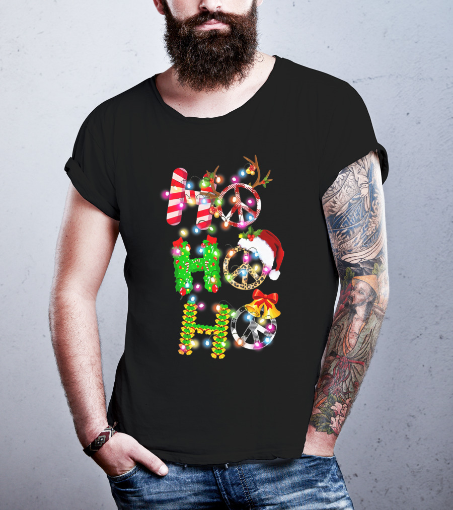 Ho Ho Ho Christmas Light Peace Sign Reindeer Santa Hat T-Shirt