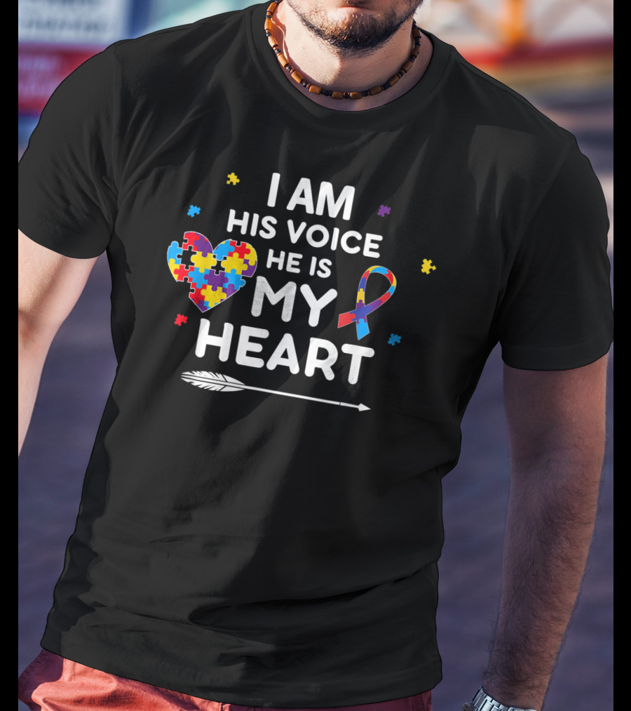 I Am His Voice He Is My Heart Puzzle Piece Ribbon Autism Awareness T-Shirt