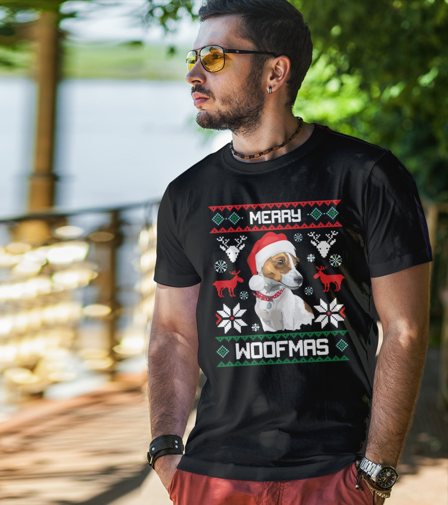 Merry Woofmas Jack Russell Terrier Dog Christmas Santa Hat T-Shirt