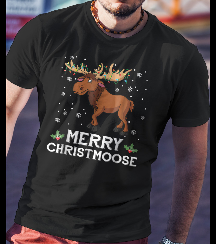 Merry Christmoose Moose With Christmas Lights And Snowflakes T-Shirt