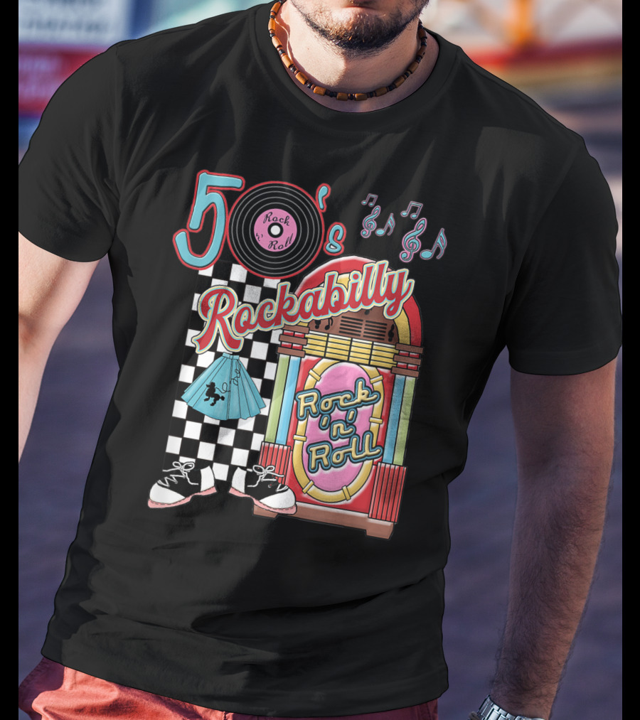 50's Rock N Roll Rockabilly Jukebox And Checkered Dance Floor T-Shirt