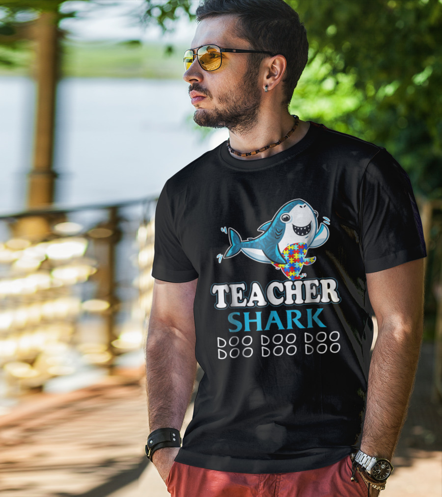 Teacher Shark Doo Doo Doo Autism Puzzle Piece Fun T-Shirt