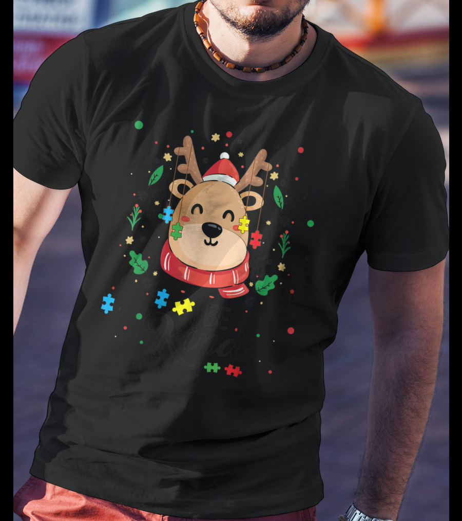 Be Kind Christmas Reindeer With Puzzle Pieces Autism Awareness T-Shirt