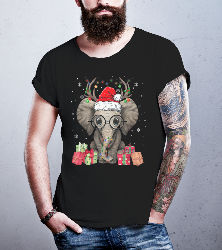 Christmas Cute Elephant Santa Reindeer With Gifts And Snowflakes T-Shirt