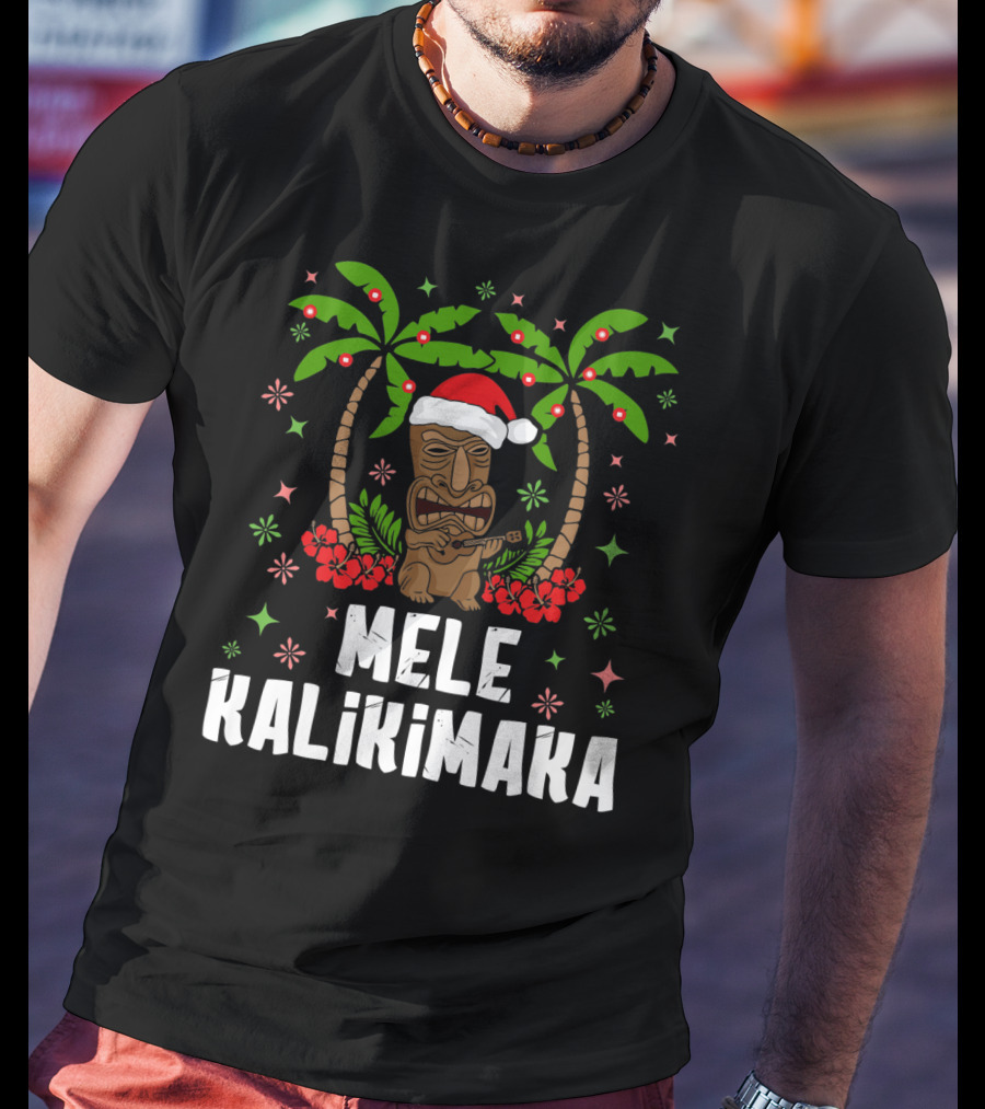 Mele Kalikimaka Santa Tiki Hawaiian Christmas Palms T-Shirt