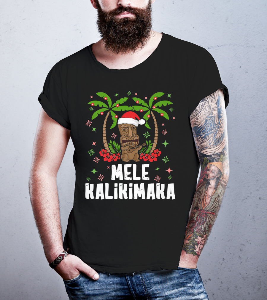 Mele Kalikimaka Santa Tiki Hawaiian Christmas Palms T-Shirt