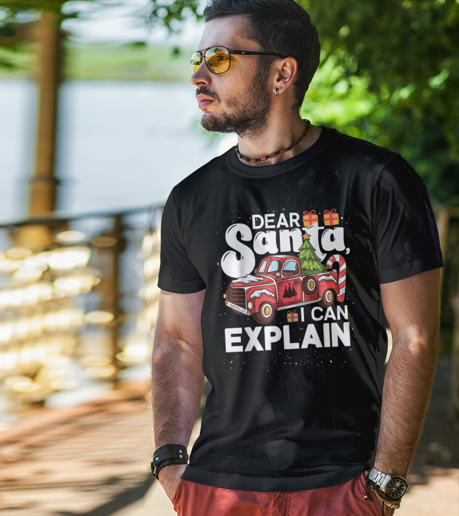 Dear Santa I Can Explain Red Truck Christmas Tree Candy Cane T-Shirt