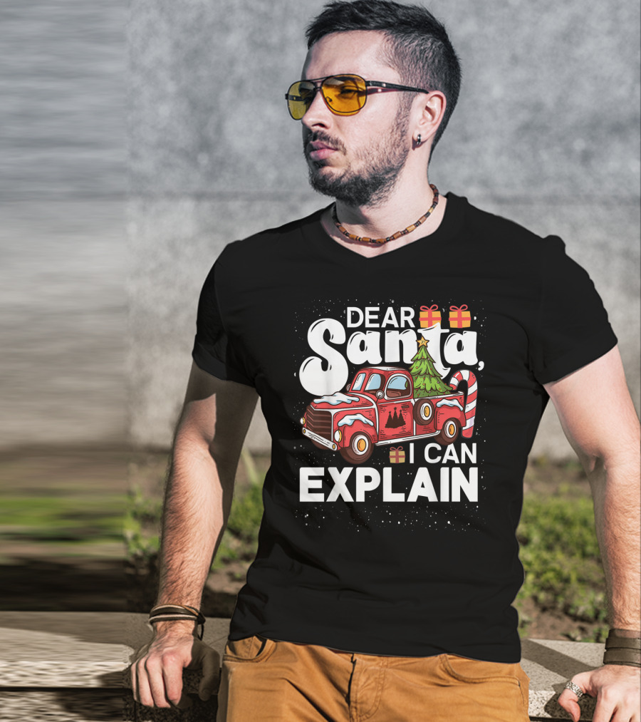 Dear Santa I Can Explain Red Truck Christmas Tree Candy Cane T-Shirt