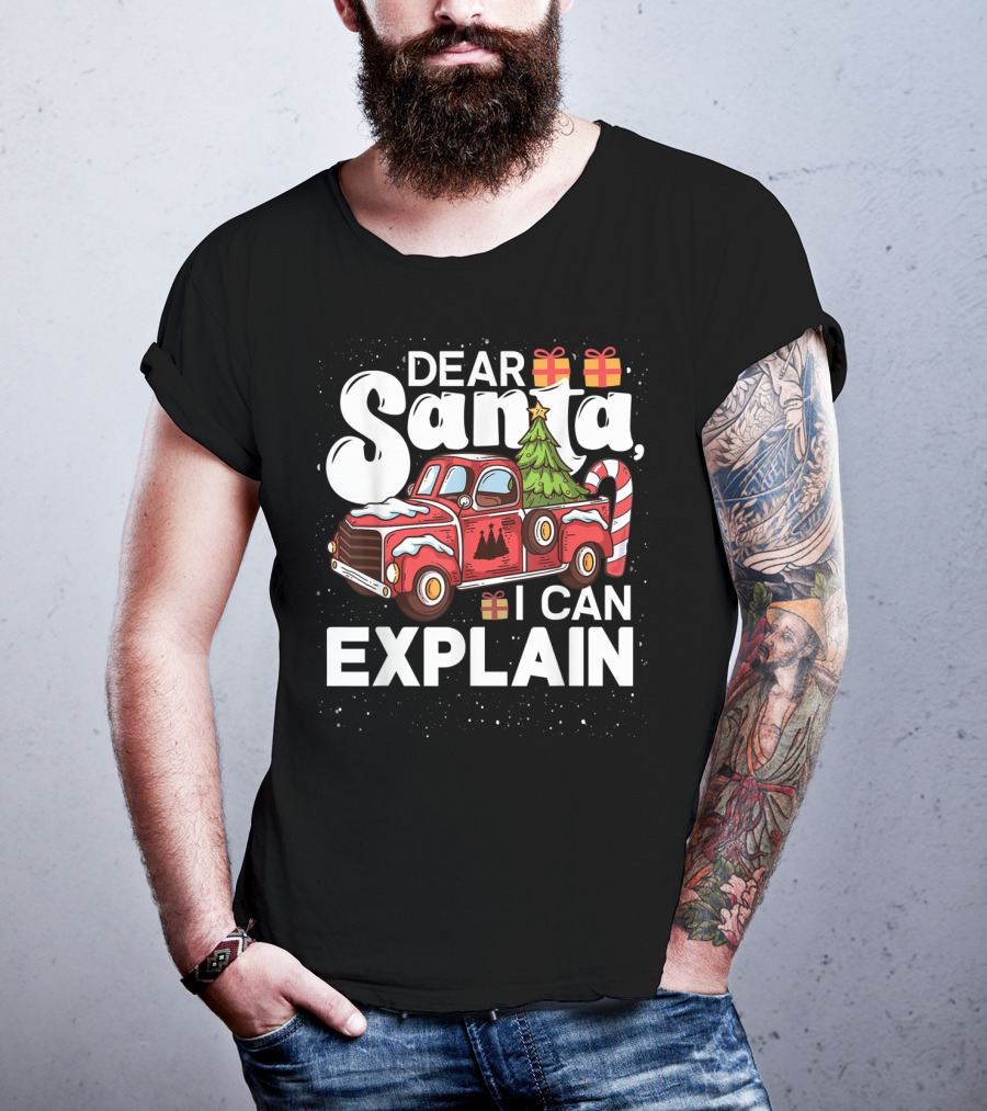Dear Santa I Can Explain Red Truck Christmas Tree Candy Cane T-Shirt
