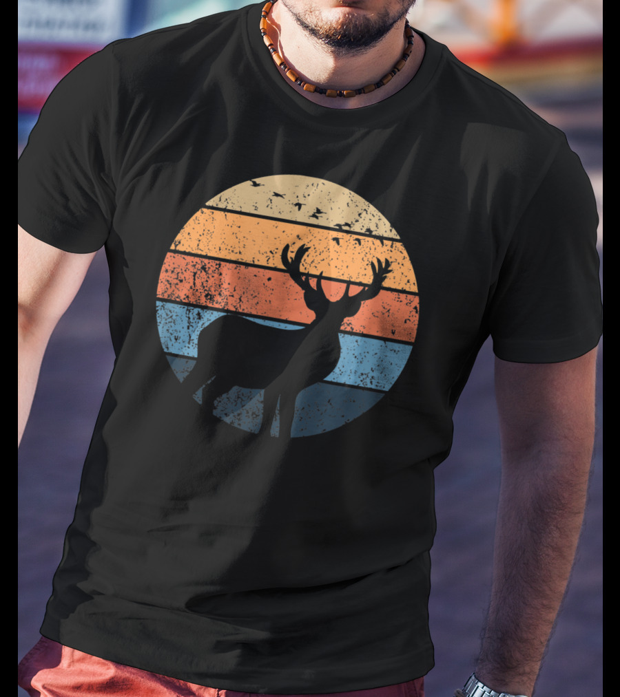 Deer Hunters Vintage Sunset Silhouette With Flying Birds T-Shirt