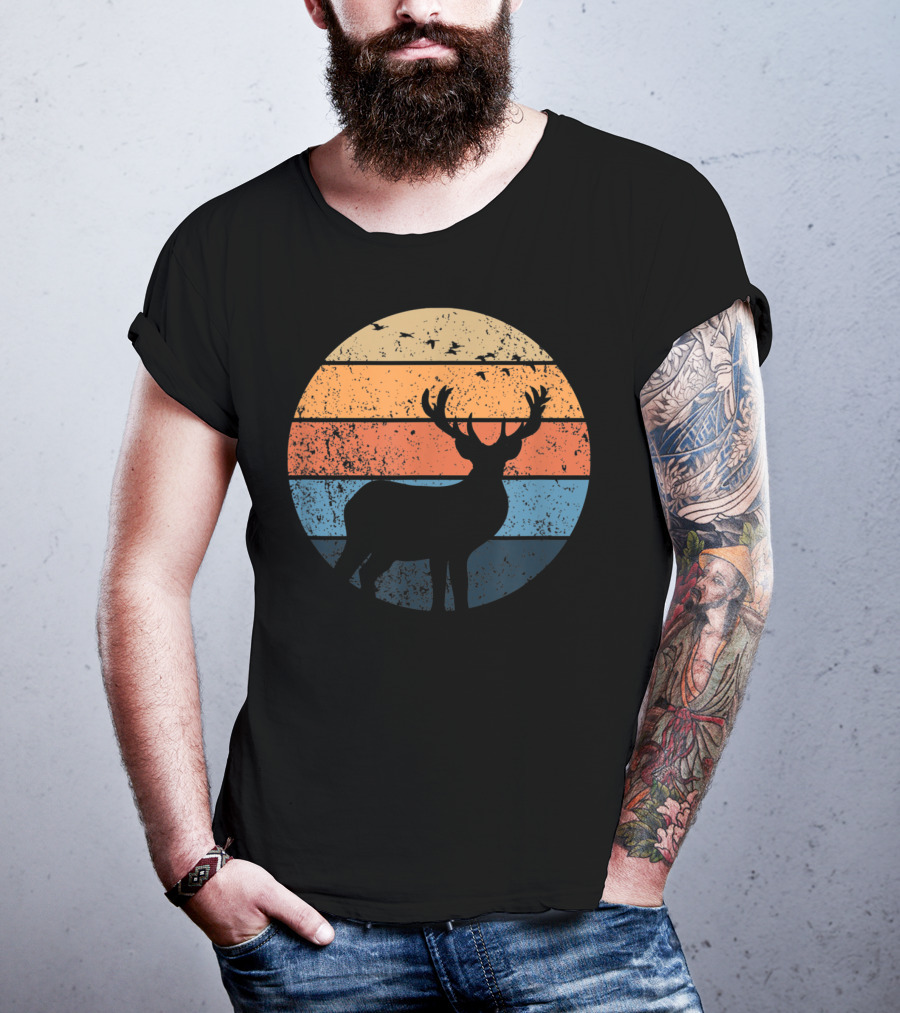 Deer Hunters Vintage Sunset Silhouette With Flying Birds T-Shirt