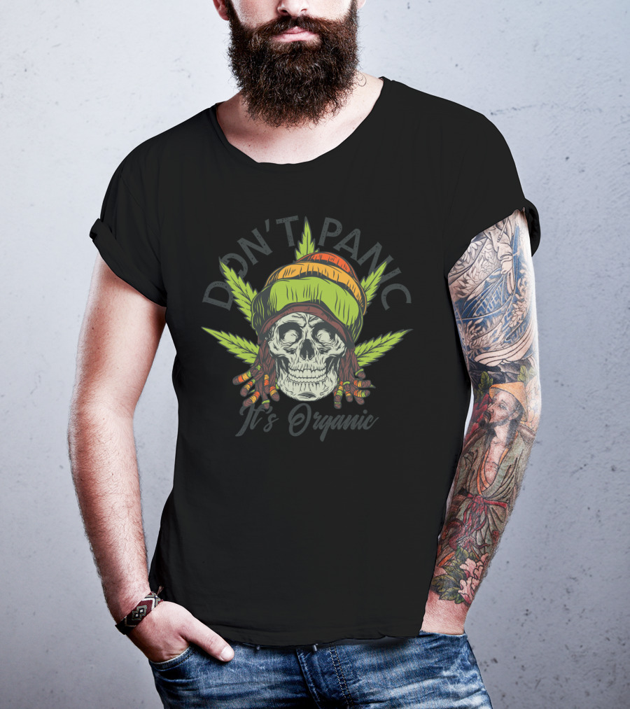 Don't Panic It's Organic Skull With Rasta Hat And Cannabis Leaves T-Shirt