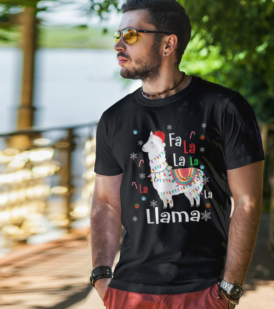 Fa La La Llama Llama Christmas Lights And Santa Hat With Candy Canes Snowflakes And Presents T-Shirt