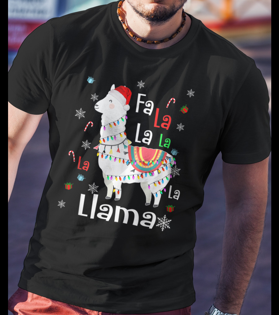 Fa La La Llama Llama Christmas Lights And Santa Hat With Candy Canes Snowflakes And Presents T-Shirt