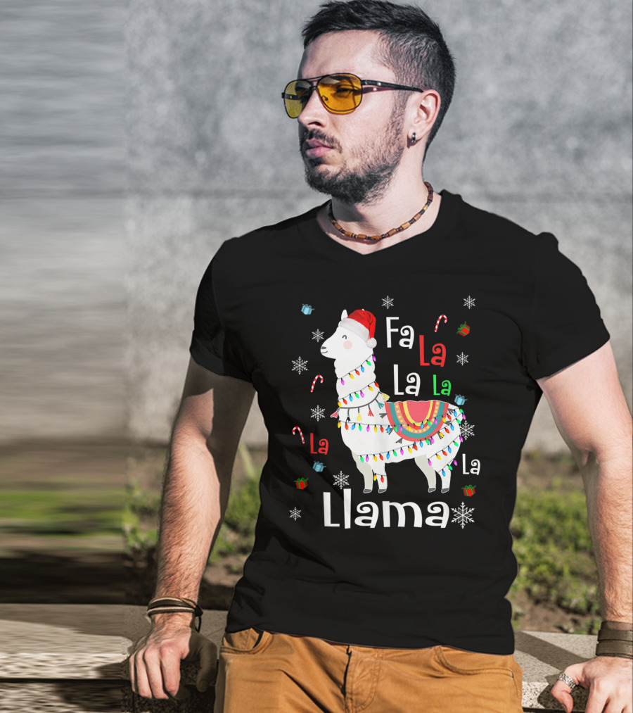 Fa La La Llama Llama Christmas Lights And Santa Hat With Candy Canes Snowflakes And Presents T-Shirt