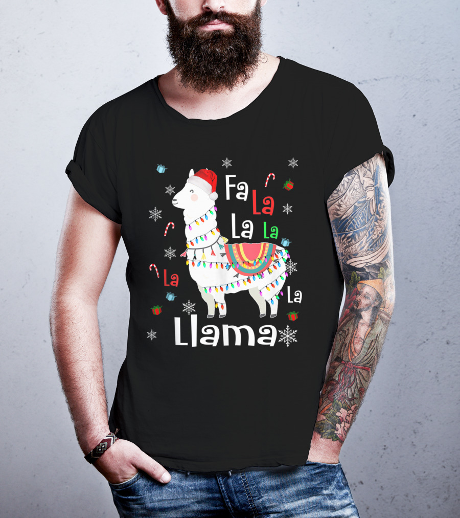 Fa La La Llama Llama Christmas Lights And Santa Hat With Candy Canes Snowflakes And Presents T-Shirt