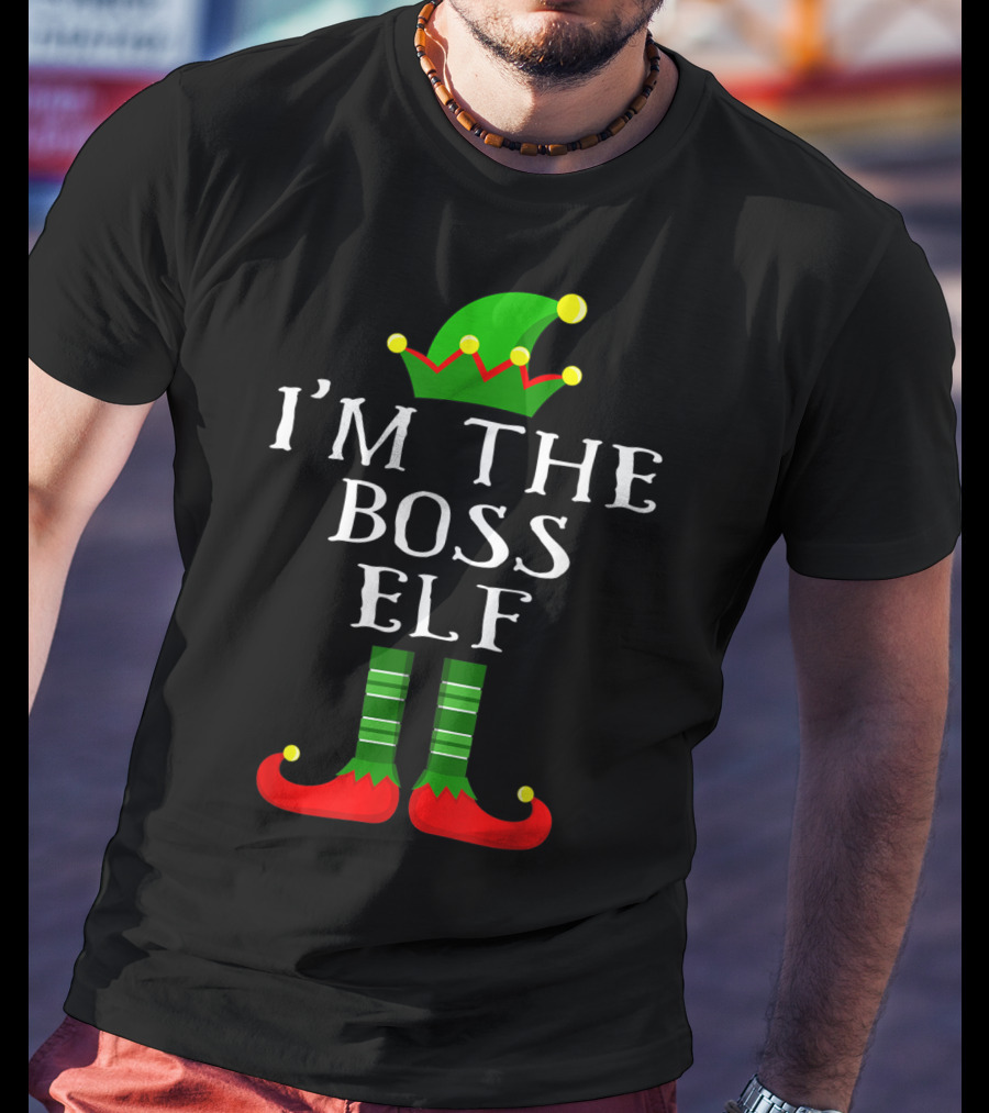 I'm The Boss Elf Christmas Humor Green Hat Striped Socks Red Shoes T-Shirt