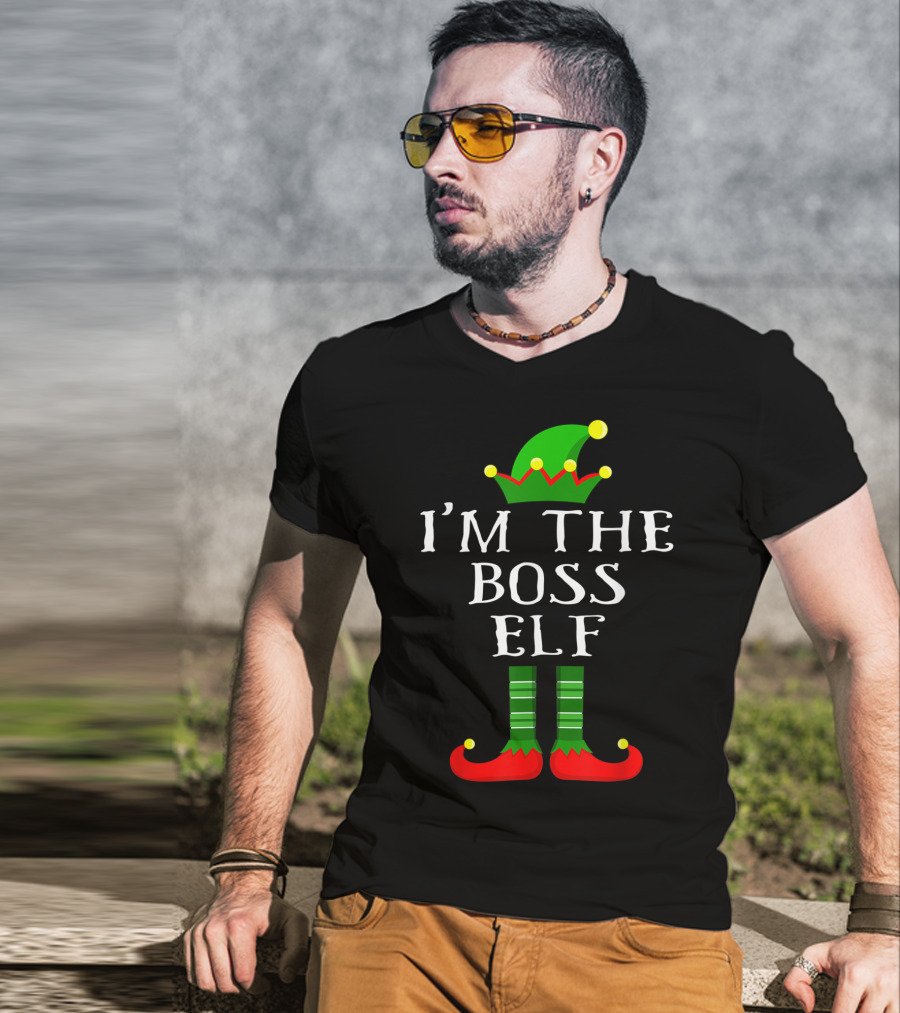 I'm The Boss Elf Christmas Humor Green Hat Striped Socks Red Shoes T-Shirt