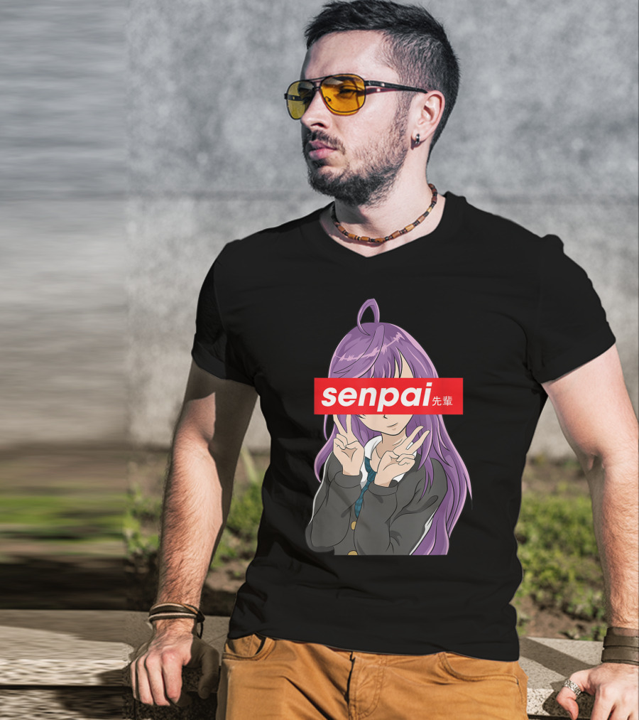 Japanese Anime Girl Senpai Purple Hair Peace Sign T-Shirt