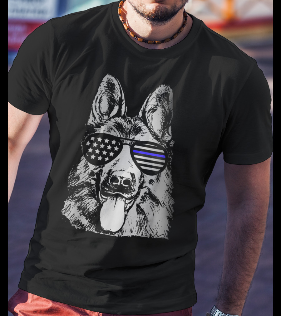 K9 Police Officer Dog Thin Blue Line Stars And Stripes Sunglasses T-Shirt