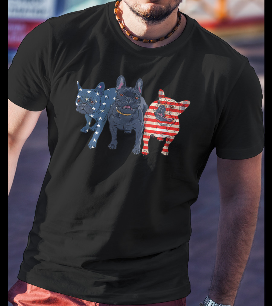 3 Frenchie Bulldog American Flag Stars Stripes July Patriot T-Shirt