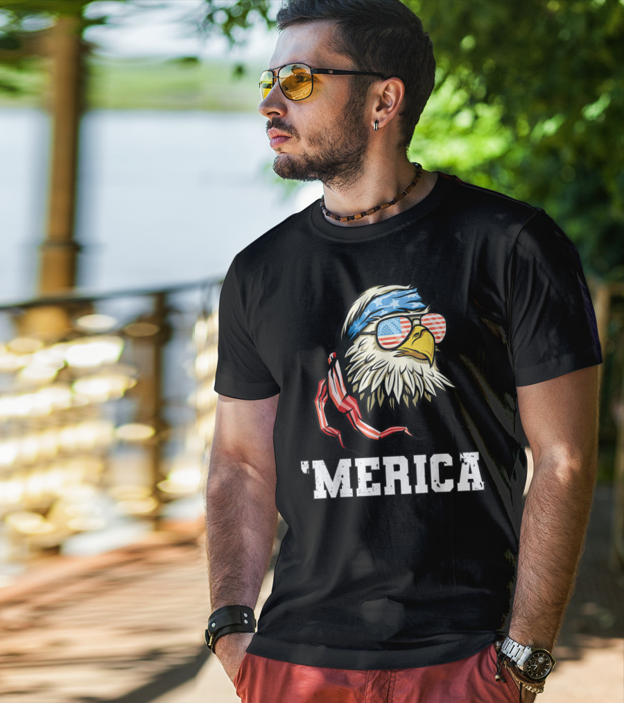 'Merica Bald Eagle USA Flag Bandana And Sunglasses T-Shirt